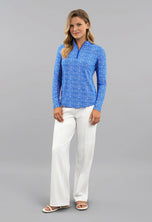 IBKUL Women's Amani Long Sleeve Zip Mock Neck Shirt - Blue/White