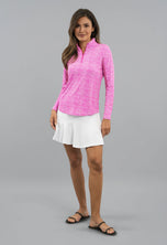 IBKUL Women's Amani Long Sleeve Zip Mock Neck Shirt - Hot Pink/White