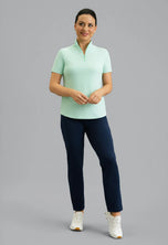 IBKUL Women's Solid Short Sleeve Zip Mock Neck Shirt - Pool Party