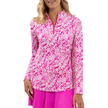 IBKUL Women's Yesenia Long Sleeve Zip Mock Neck Shirt - Hot Pink/White