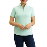 IBKUL Women's Solid Short Sleeve Zip Mock Neck Shirt - Pool Party